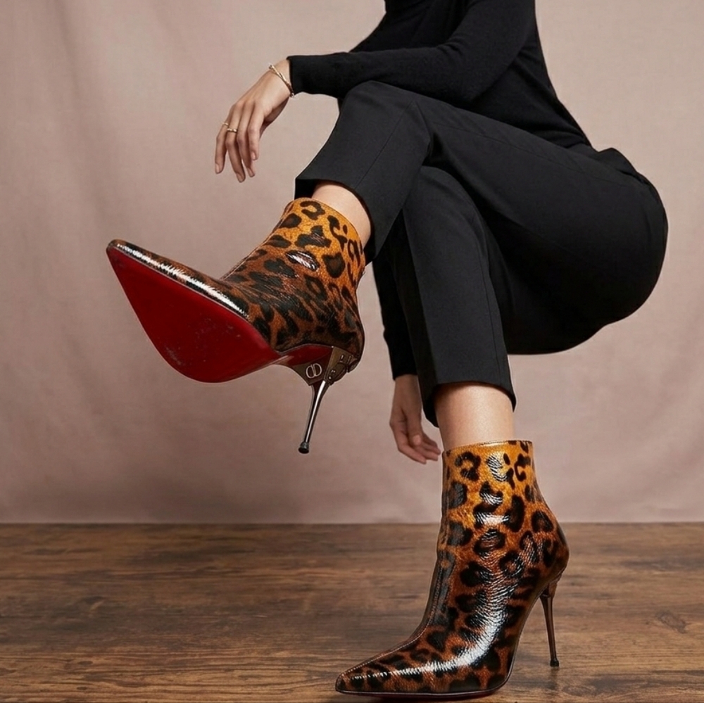 Gomax Lepard Print Ankle Boots, Detailed 3"  metal heel, Red bottom look, Size 6